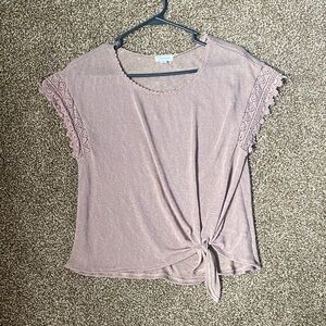 Eyeshadow Light Mauve Lace-Sleeve Tie-Front Short Sleeve Top
